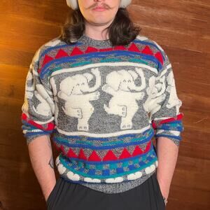 VINTAGE 80s Dancing Elephant Knit Sweater Size M Textured Pullover Geometric